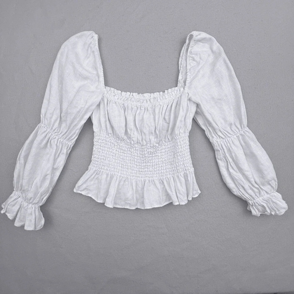 Reformation Oak Grove Linen Smocked Top Women Small White Peasant Puff Sleeve